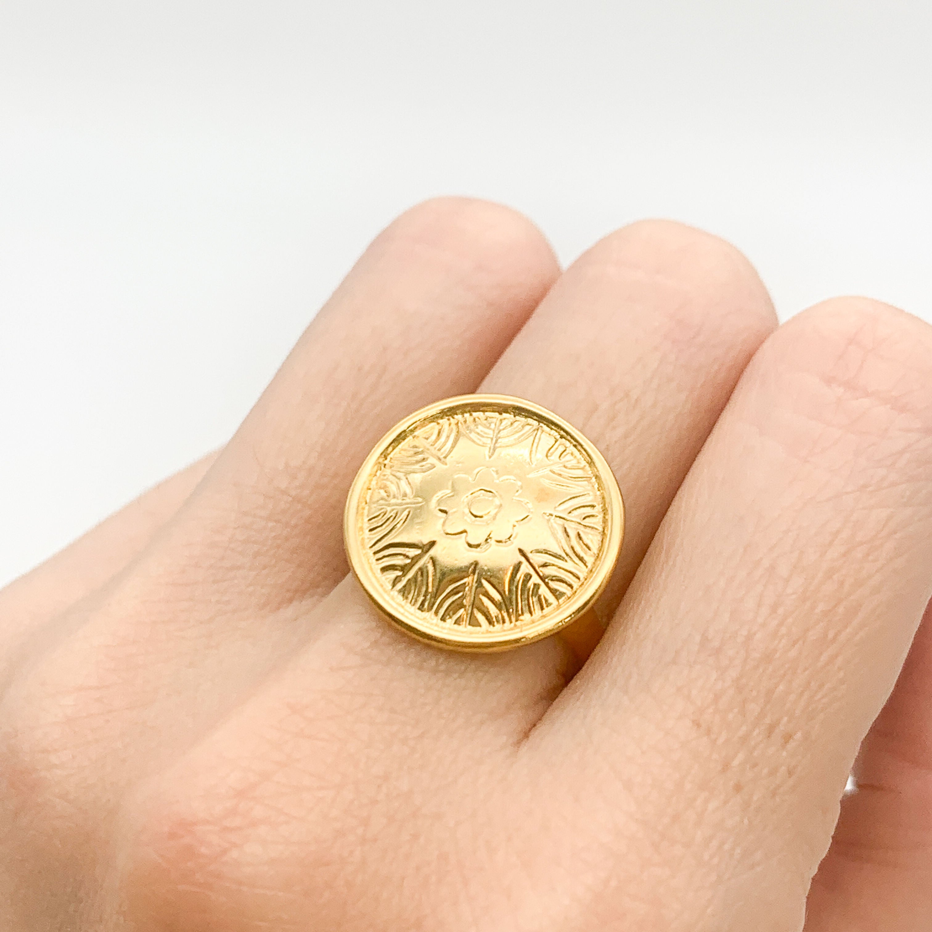 Gold Round Ring, Button Ring, Flower Embossed Ring, Stud Ring, Gold Plated Ring, Disc Ring, Badge Ring, Gold Vermeil Ring, Engraved Ring