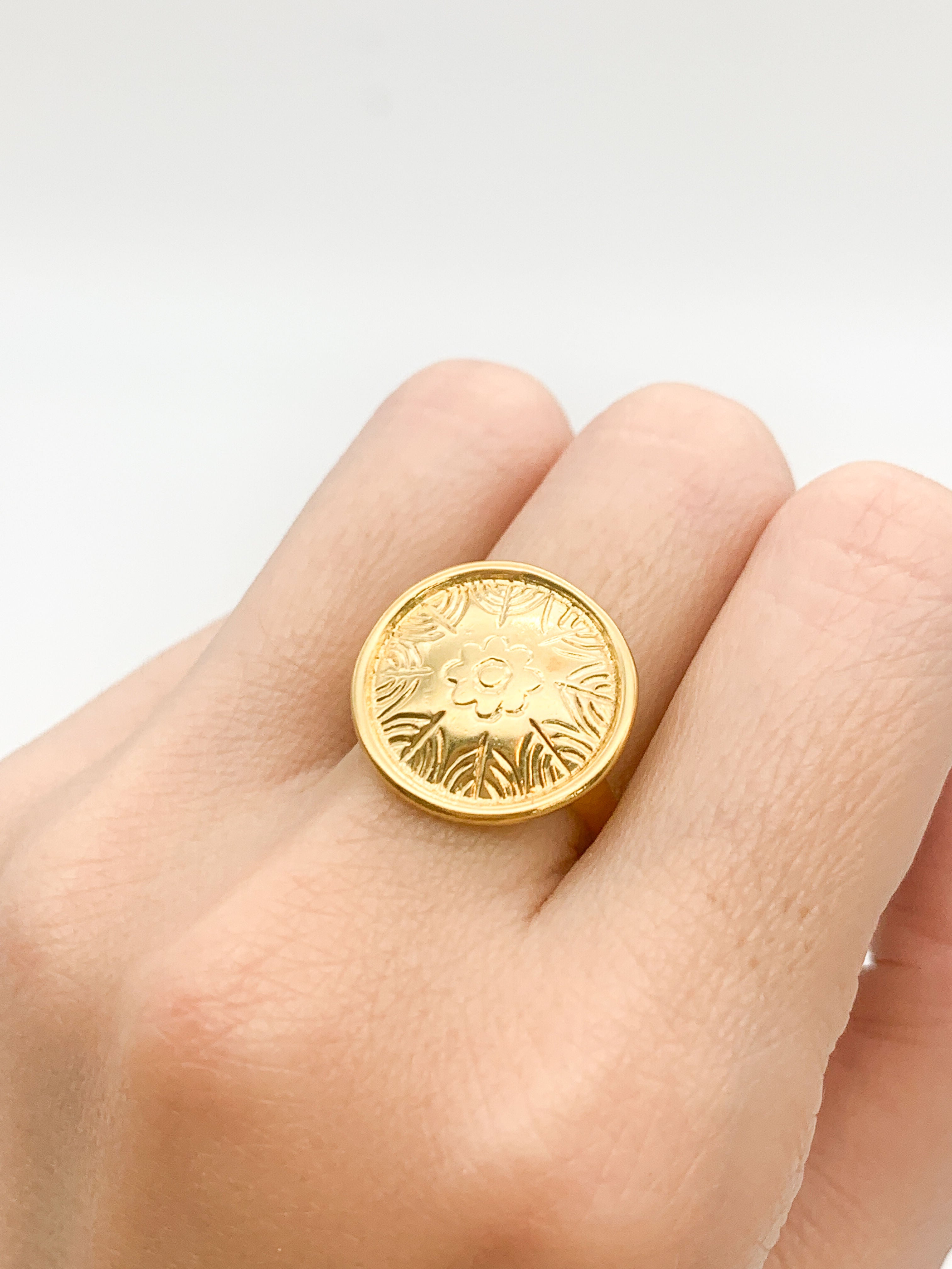 Gold Round Ring, Button Ring, Flower Embossed Ring, Stud Ring, Gold Plated Ring, Disc Ring, Badge Ring, Gold Vermeil Ring, Engraved Ring