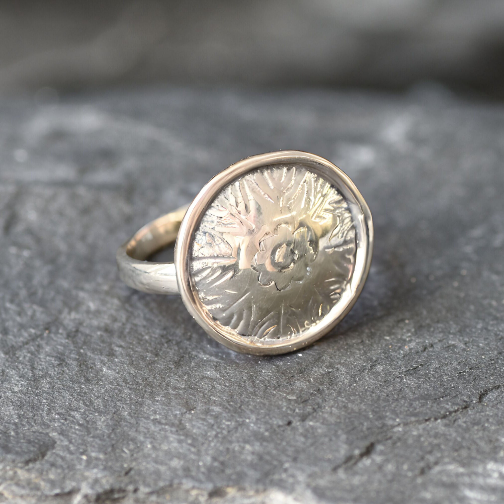 Gold Round Ring, Button Ring, Flower Embossed Ring, Stud Ring, Gold Plated Ring, Disc Ring, Badge Ring, Gold Vermeil Ring, Engraved Ring(2)