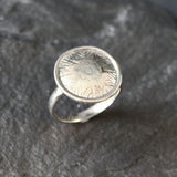 Gold Round Ring, Button Ring, Flower Embossed Ring, Stud Ring, Gold Plated Ring, Disc Ring, Badge Ring, Gold Vermeil Ring, Engraved Ring(2)