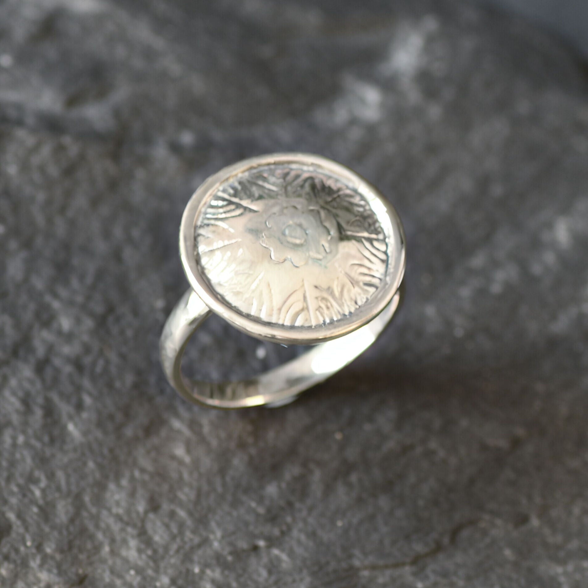 Gold Round Ring, Button Ring, Flower Embossed Ring, Stud Ring, Gold Plated Ring, Disc Ring, Badge Ring, Gold Vermeil Ring, Engraved Ring(2)