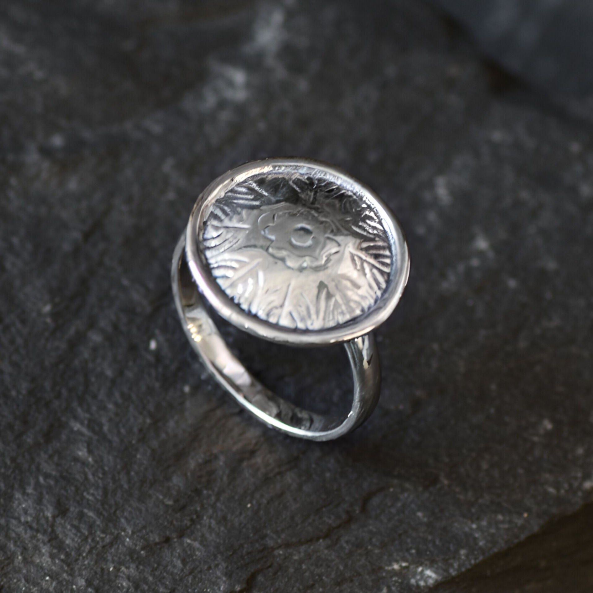 Gold Round Ring, Button Ring, Flower Embossed Ring, Stud Ring, Gold Plated Ring, Disc Ring, Badge Ring, Gold Vermeil Ring, Engraved Ring(2)