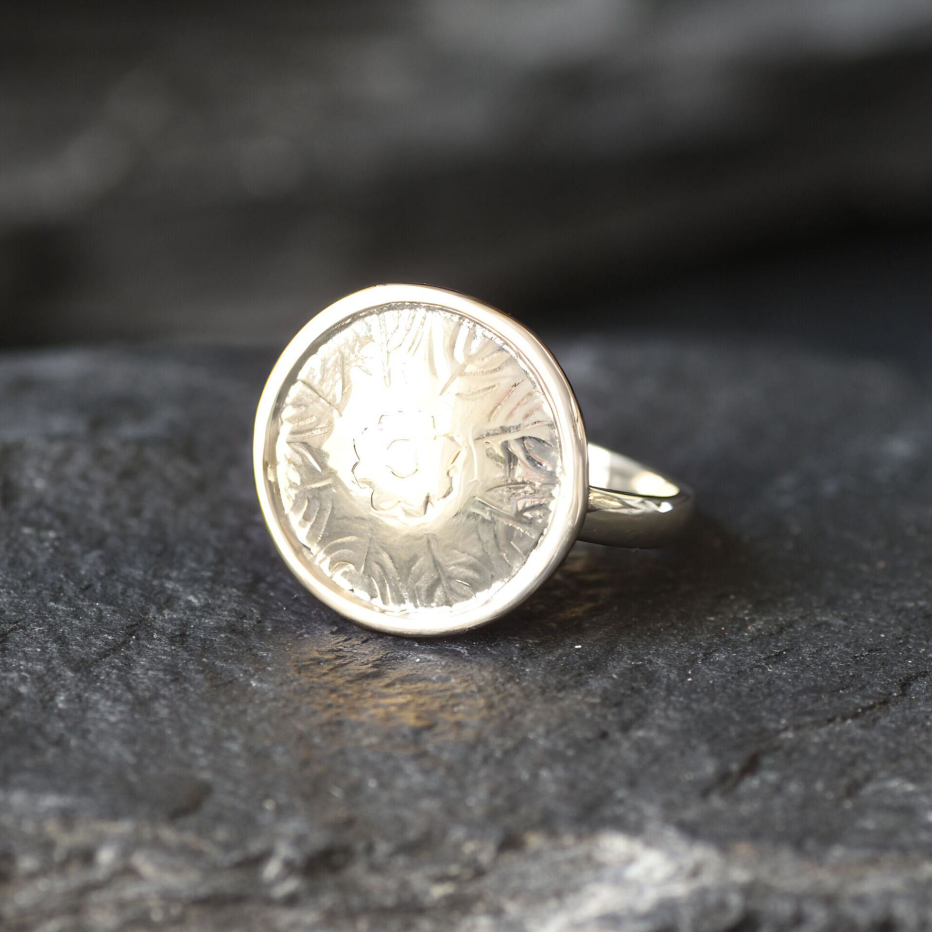 Gold Round Ring, Button Ring, Flower Embossed Ring, Stud Ring, Gold Plated Ring, Disc Ring, Badge Ring, Gold Vermeil Ring, Engraved Ring(2)