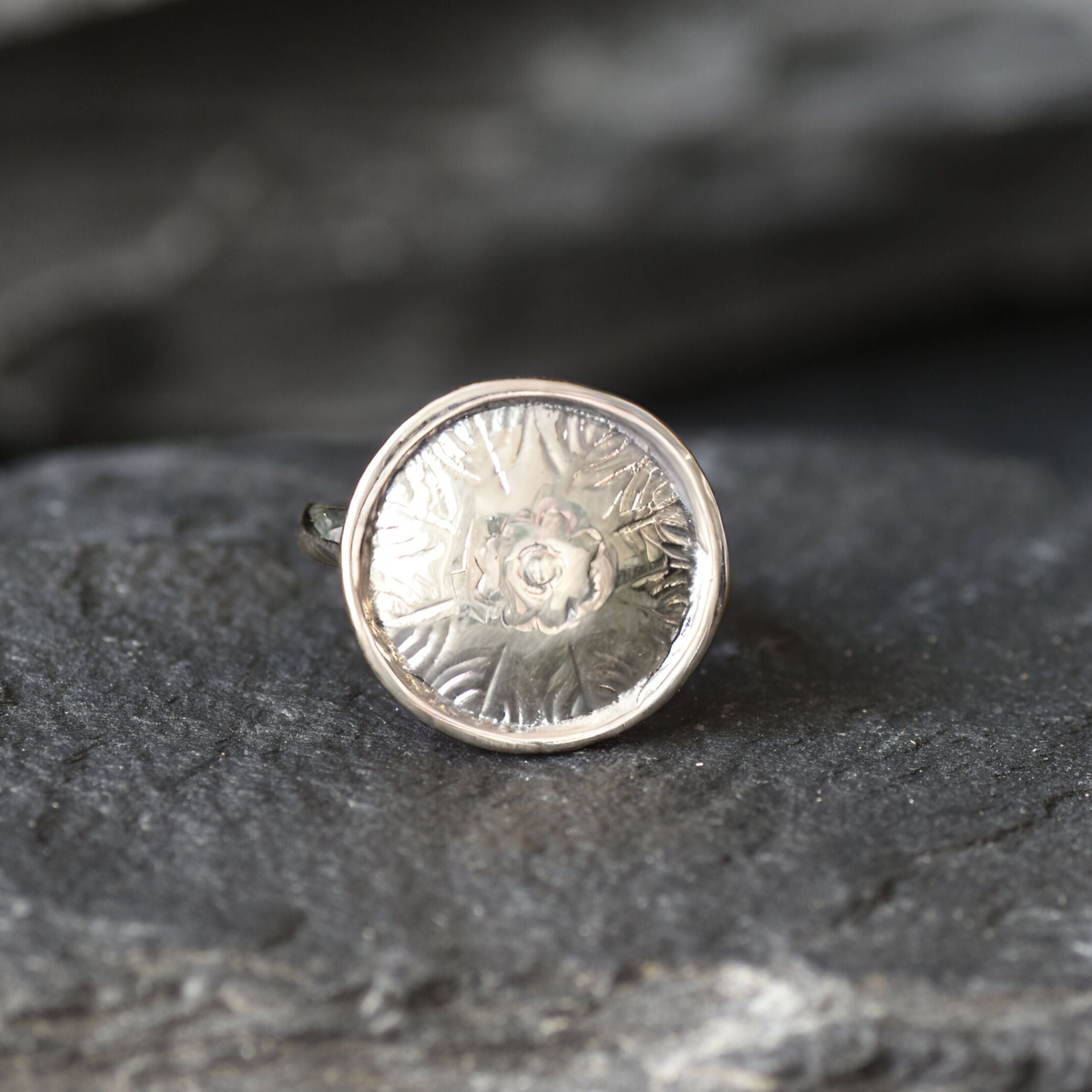 Gold Round Ring, Button Ring, Flower Embossed Ring, Stud Ring, Gold Plated Ring, Disc Ring, Badge Ring, Gold Vermeil Ring, Engraved Ring(2)