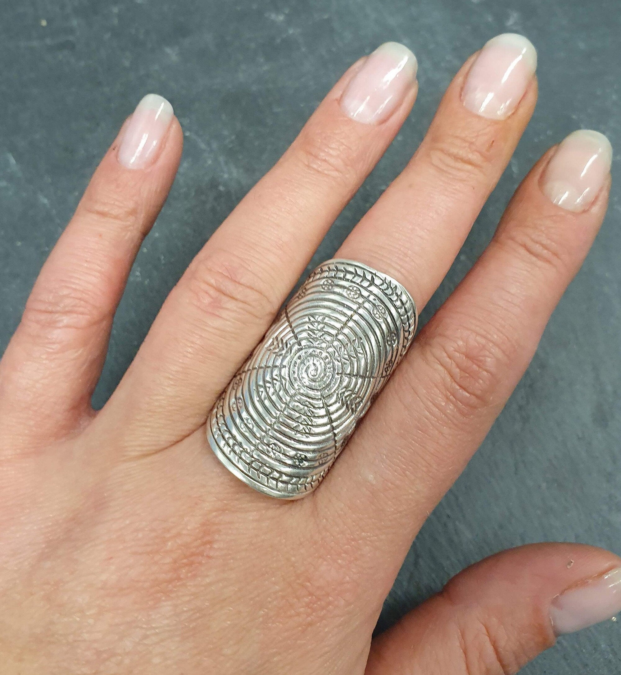 Large Tribal Ring, Long Silver Ring, Shield Ring, Statement Ring, Vintage Ring, Bohemian Ring, Ornament Ring, Oval Ring, Solid Silver Ring