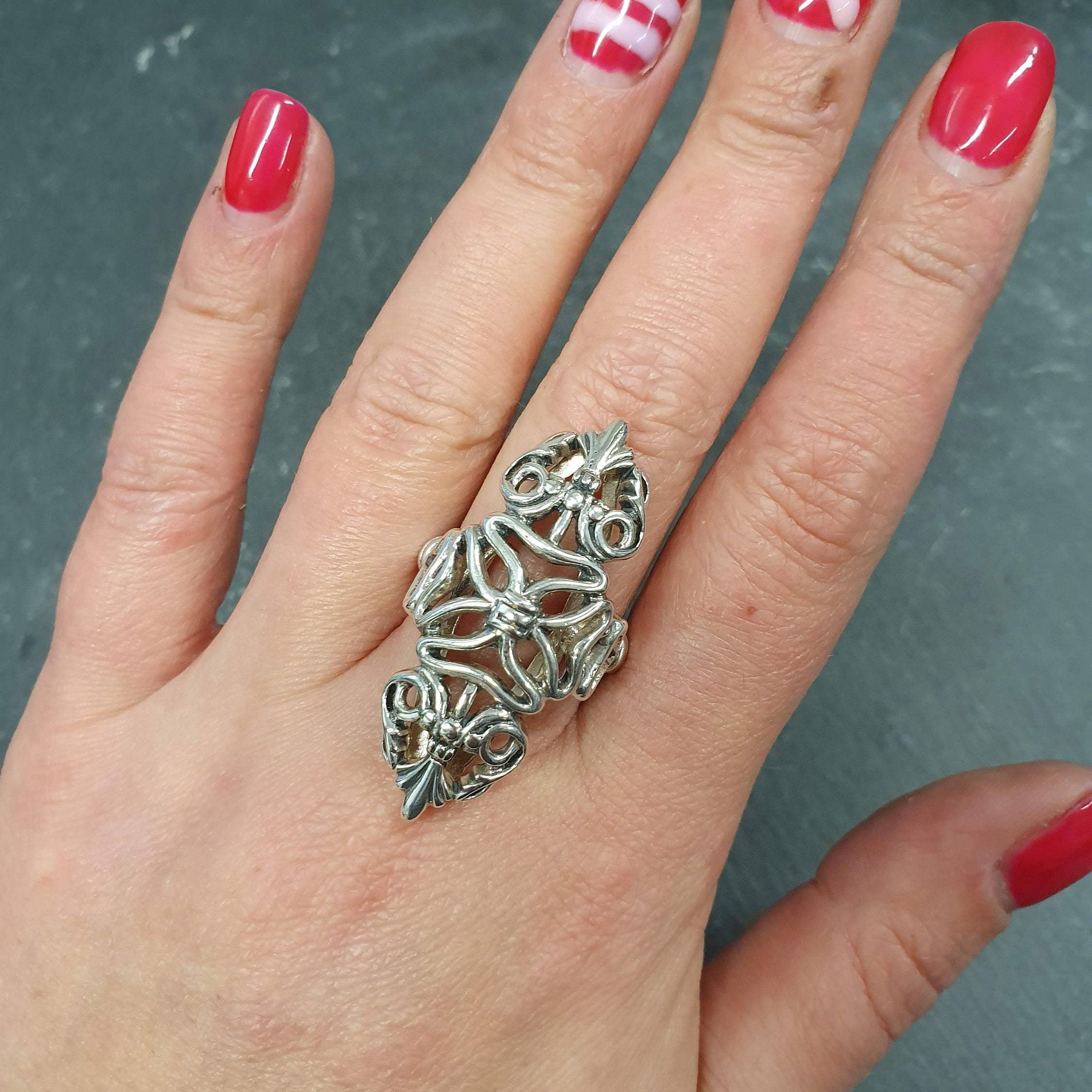 Long Floral Ring, Asymmetric Ring, Ornament Ring, Solid Silver Ring, Statement Ring, Unique Flower Ring, Butterfly Ring, 925 Silver Ring