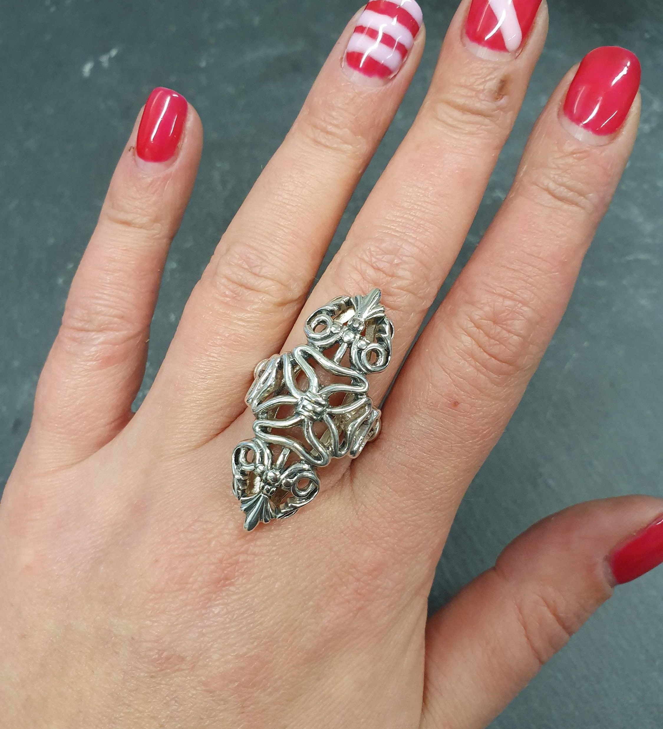 Long Floral Ring, Asymmetric Ring, Ornament Ring, Solid Silver Ring, Statement Ring, Unique Flower Ring, Butterfly Ring, 925 Silver Ring