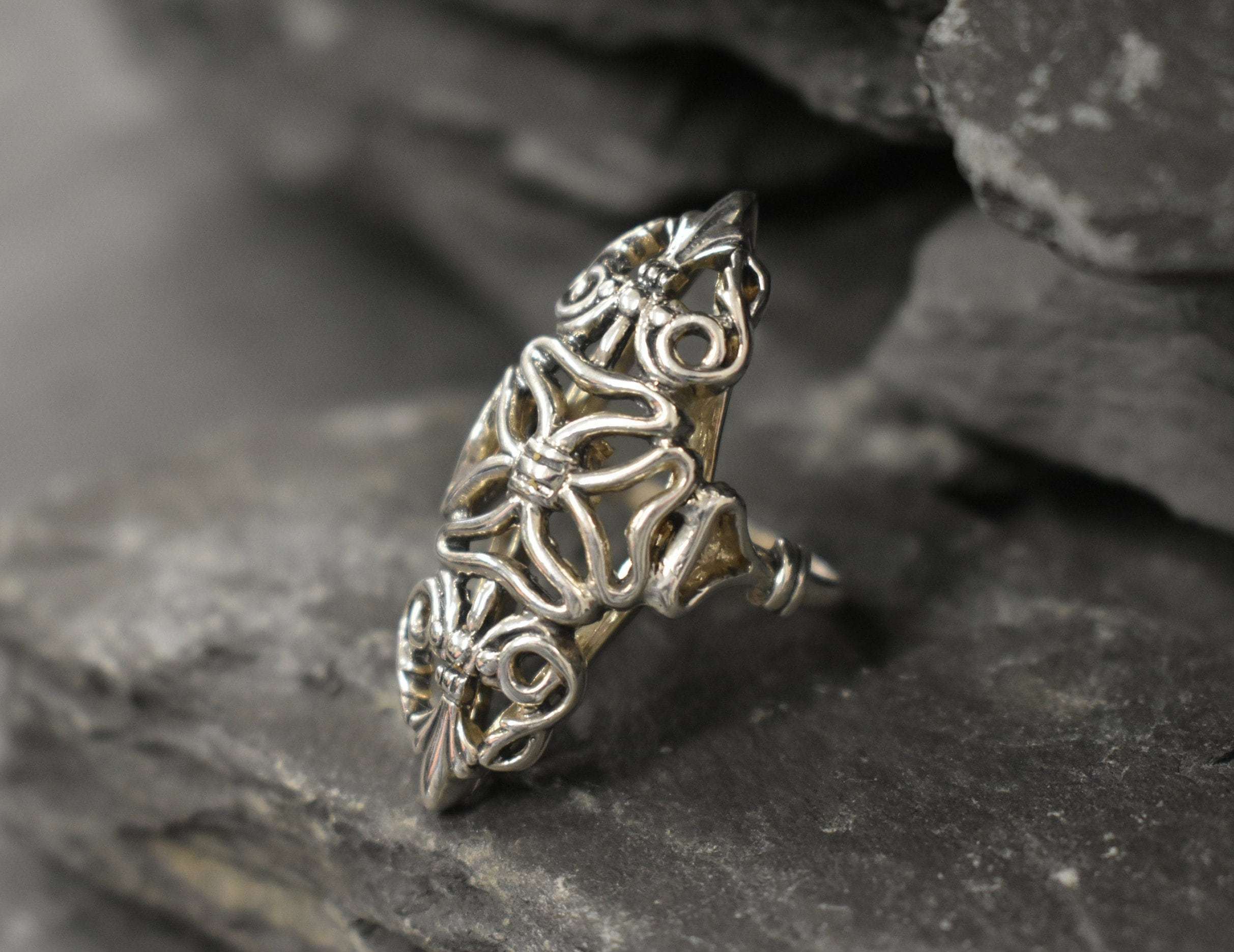 Long Floral Ring, Asymmetric Ring, Ornament Ring, Solid Silver Ring, Statement Ring, Unique Flower Ring, Butterfly Ring, 925 Silver Ring