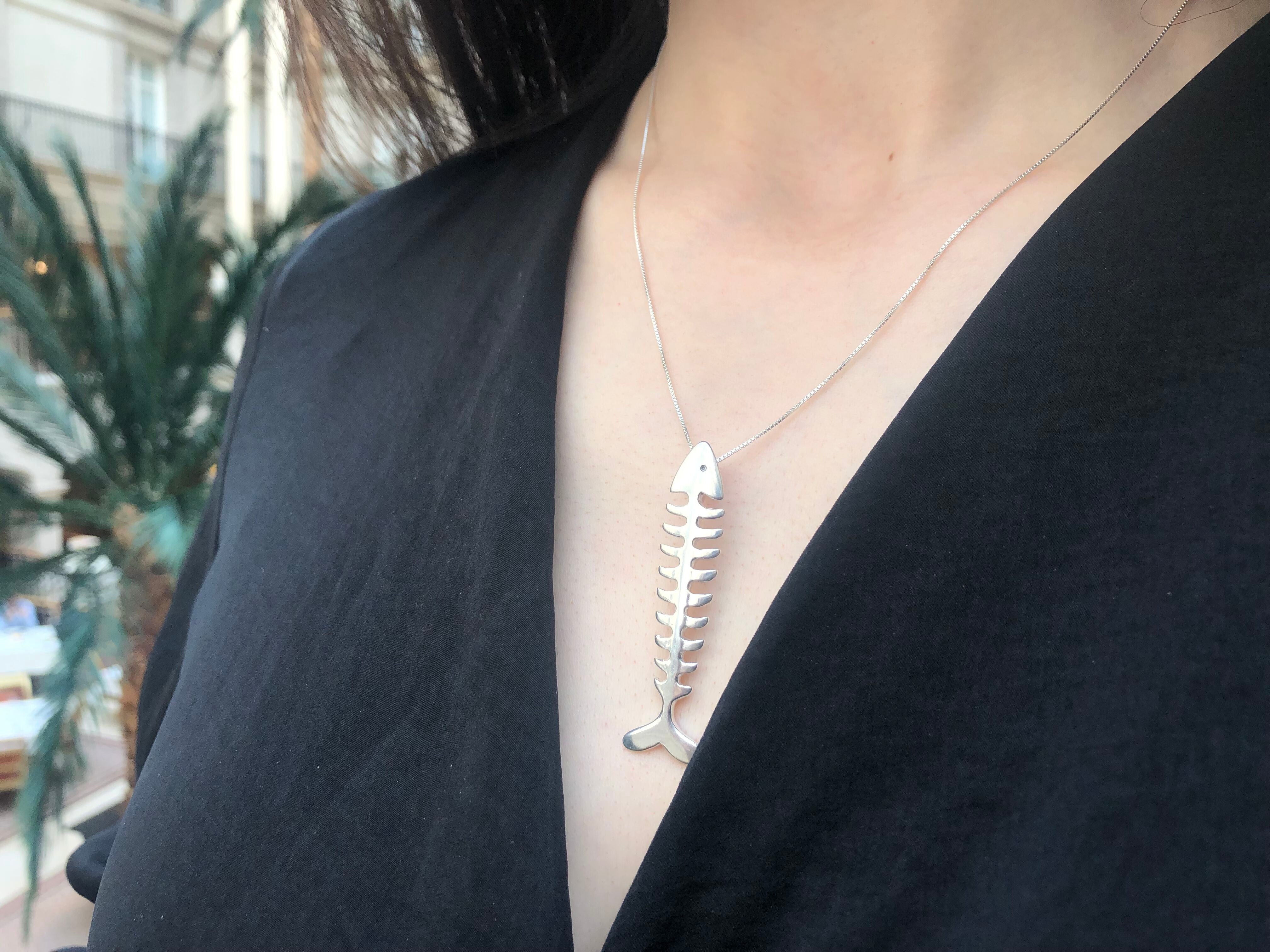 Silver Fish Pendant, Long Silver Pendant, Fish Bone, Large Silver Pendant, Animal Pendant, Solid Silver Pendant, Silver Artisan Pendant