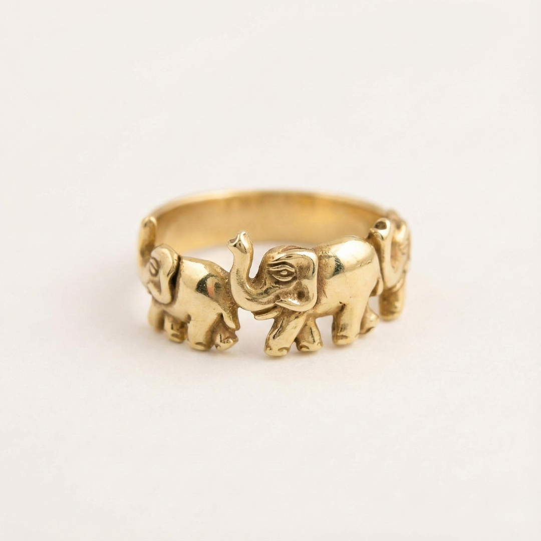 Solid 10k Yellow Gold Three Elephant Ring - Openwork Design Band, Size 8.5