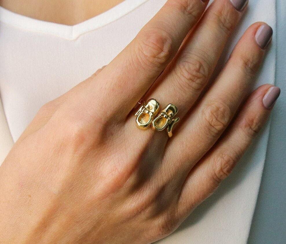Gold Shoes Ring, Cute Ring, Boots Ring, Gold Plated Ring, Vermeil Ring, Cute Gold Ring, Baby Ring, Babyshower Gift, Ribbon Ring, Dainty Ring