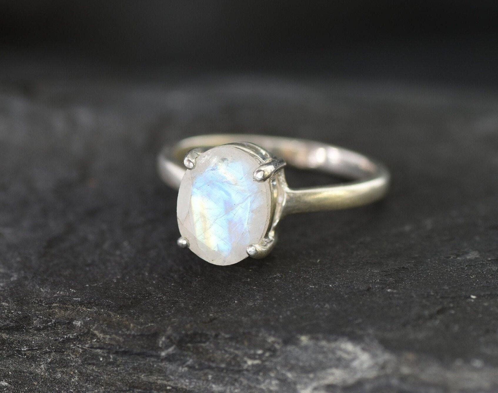 Promise Ring, Rainbow Moonstone Ring, 3 Carat Oval Ring, Gift for Her, Valentines Gift for Girlfriend, June Birthstone, 925 Sterling Silver