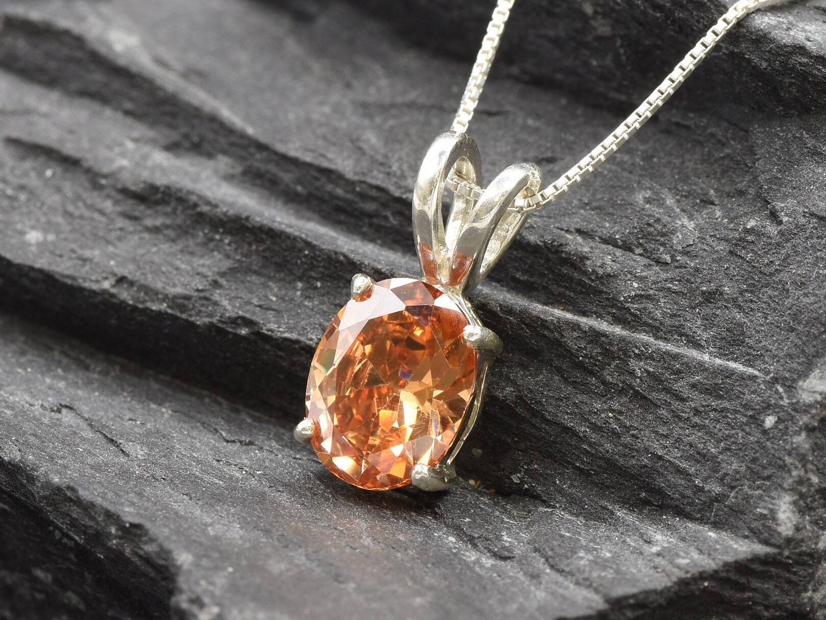 Champagne Diamond Pendant, Orange Diamond Necklace, Champagne CZ Necklace, CZ Jewellery, Layering Necklace, Sterling Silver, Gift for Her