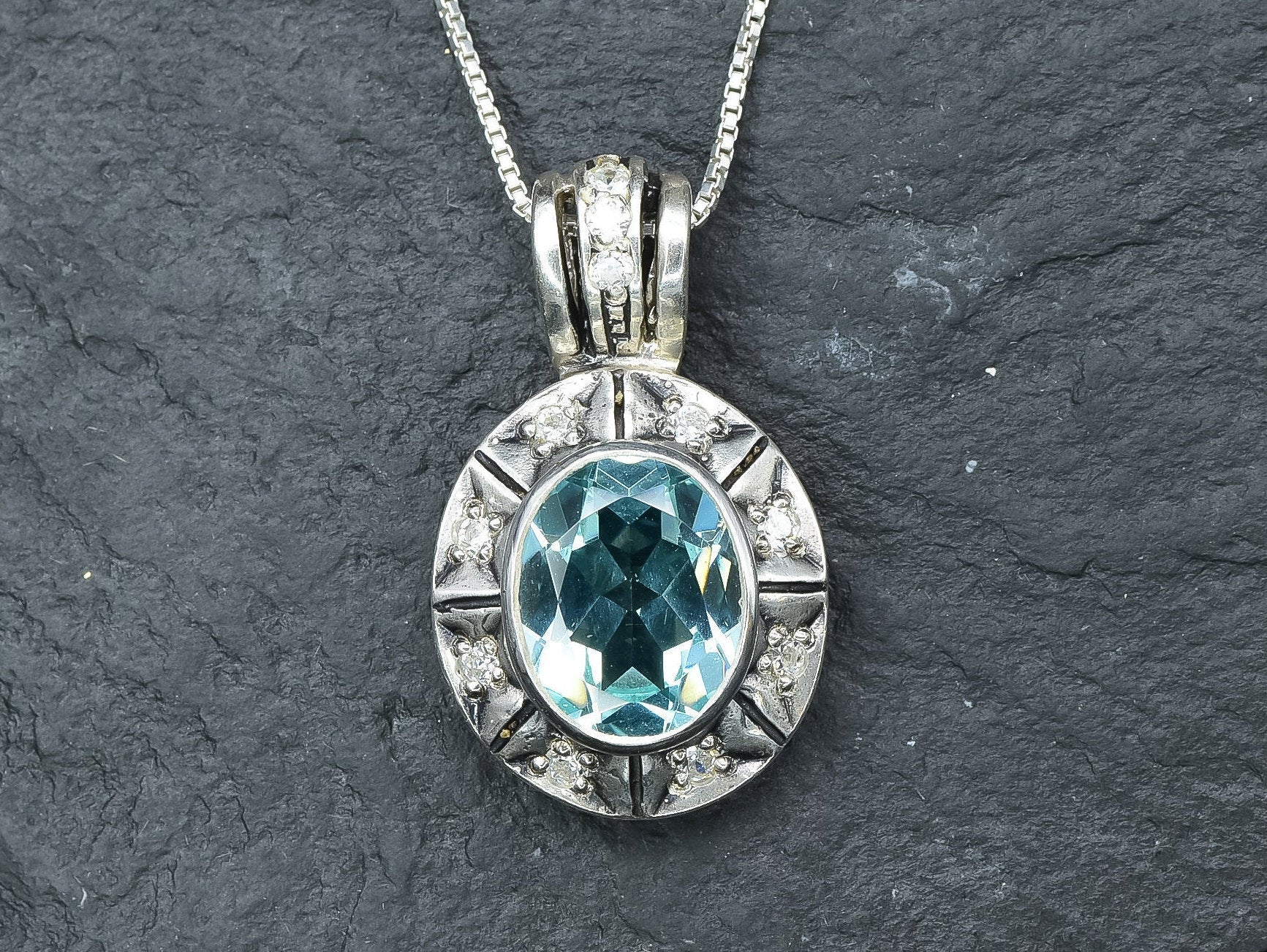 Aquamarine Pendant, Created Aquamarine, March Birthstone, Blue Victorian Pendant, Blue Oval Pendant, Vintage Aquamarine Pendant, 925 Silver