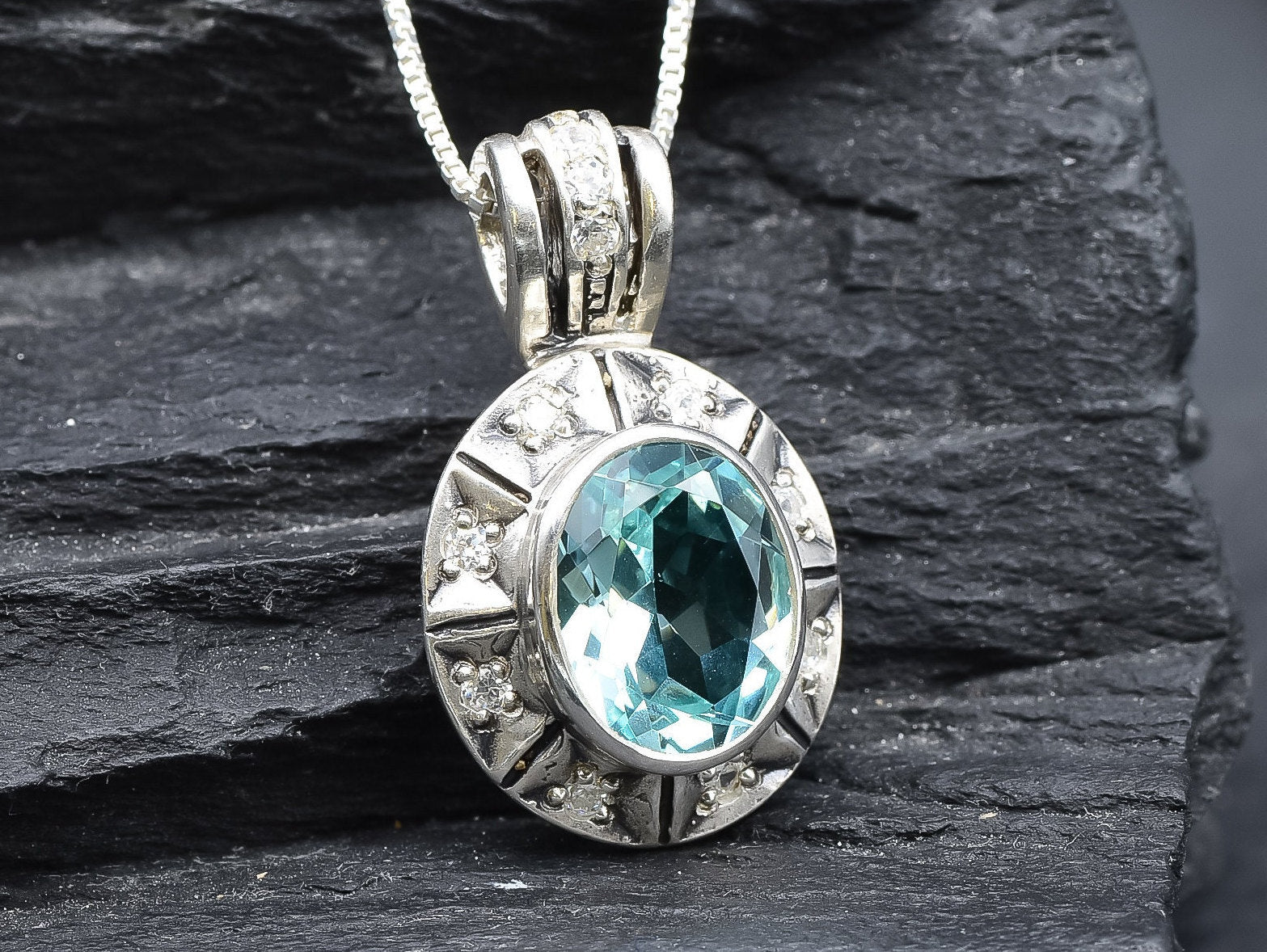 Aquamarine Pendant, Created Aquamarine, March Birthstone, Blue Victorian Pendant, Blue Oval Pendant, Vintage Aquamarine Pendant, 925 Silver