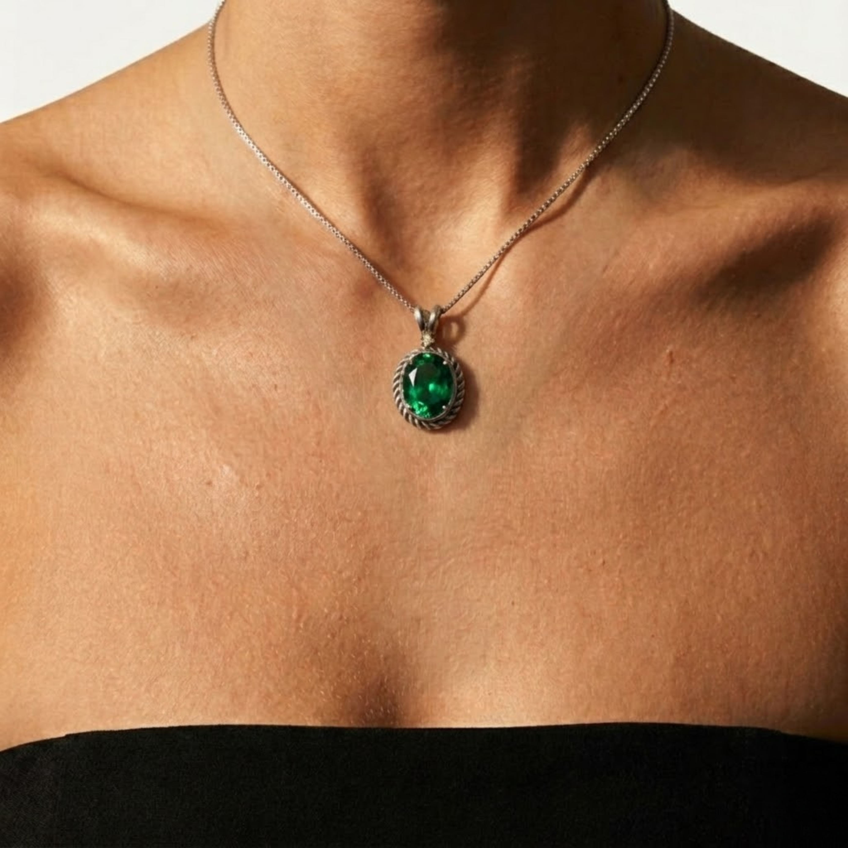 Elegant 925 Sterling Silver Emerald Pendant with Oval Created Green Emerald, perfect May Birthstone gift for any occasion.