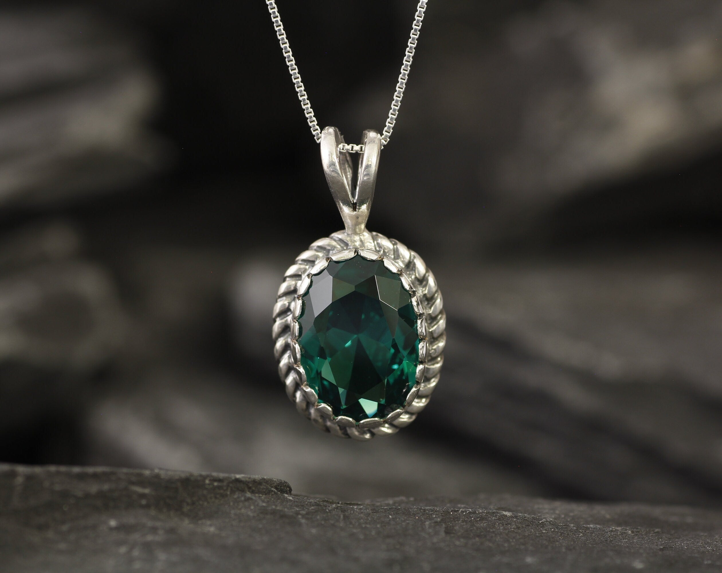 Large Emerald Pendant, Created Emerald, Victorian Pendant, Green Vintage Pendant, Antique Pendant, 925 Sterling Pendant, Green Stone Pendant