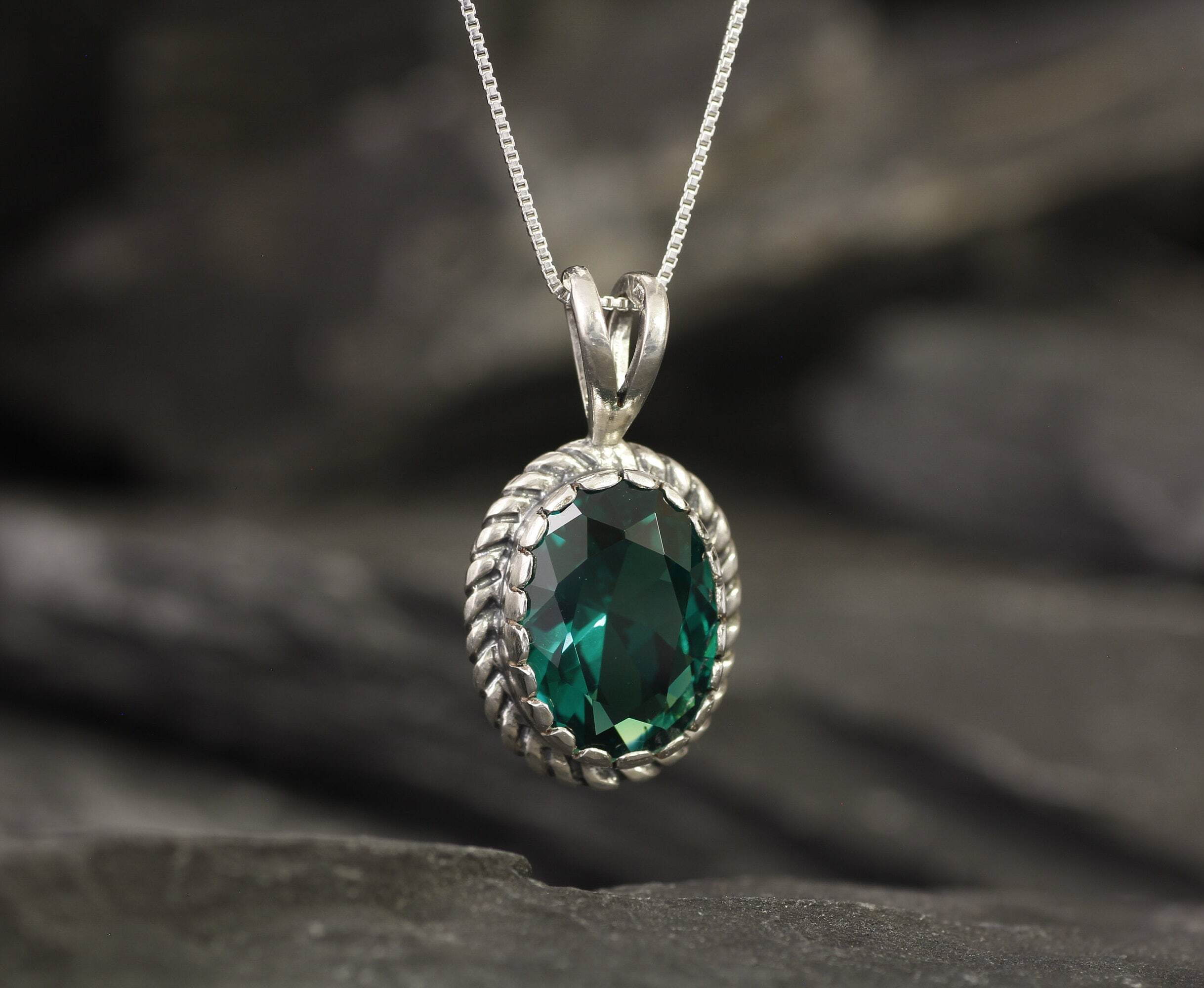 Elegant 925 Sterling Silver Emerald Pendant with Oval Created Green Emerald, perfect May Birthstone gift for any occasion.