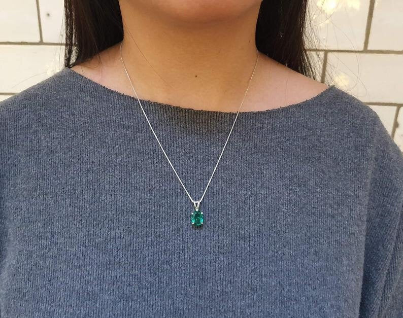 Green Diamond Pendant, Created Green Diamond, Green Oval Pendant, Solitaire Pendant, Vintage Pendant, Dainty Pendant, 925 Silver Pendant