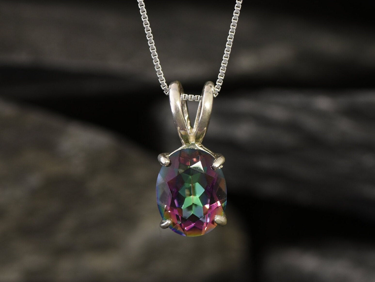 Mystic Topaz Pendant, Natural Mystic Topaz, December Birthstone, December Gift, Dainty Pendant, Rainbow Topaz, Small Oval Pendant, Silver