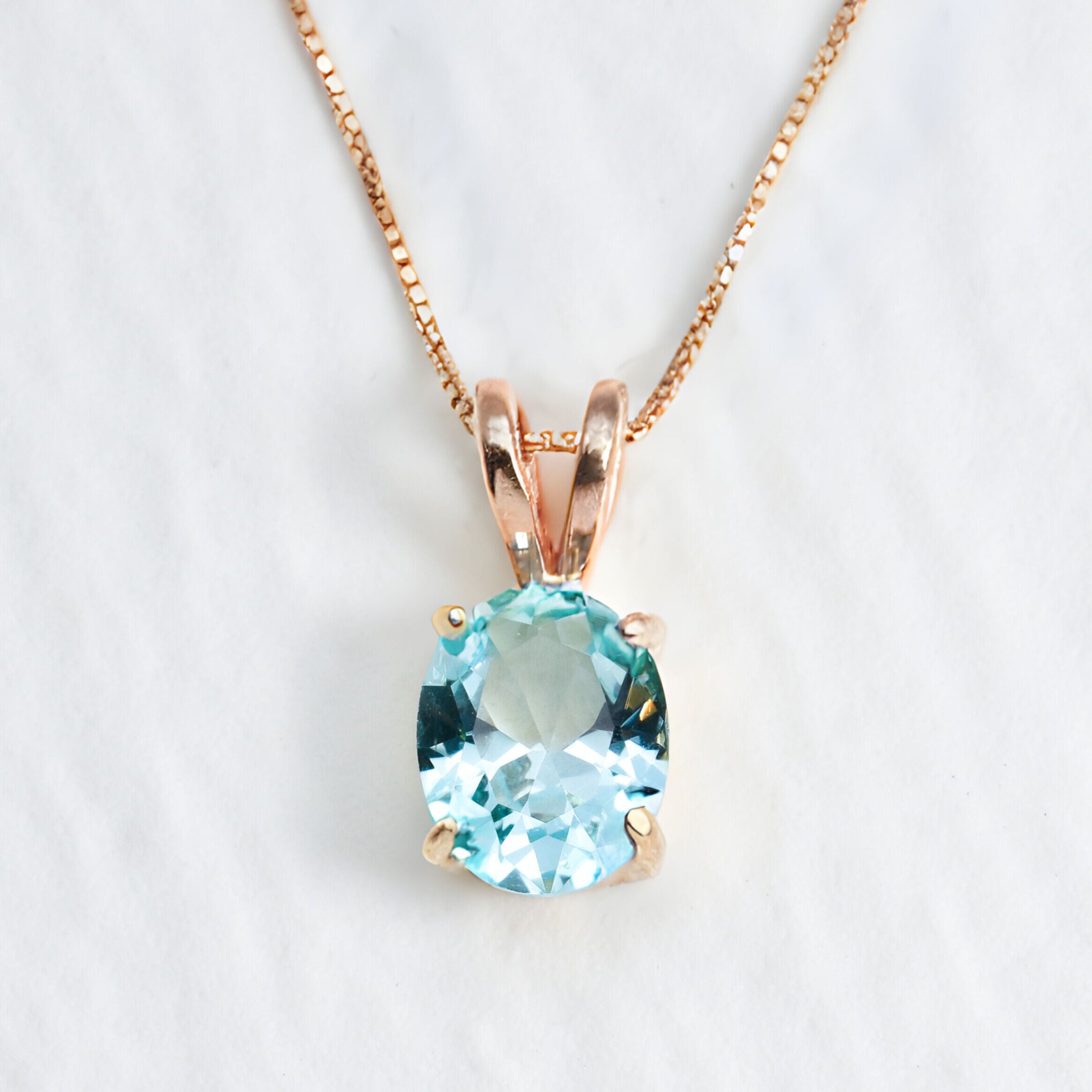 Gold Aqua Pendant - Created Aquamarine Necklace, Blue Oval Pendant