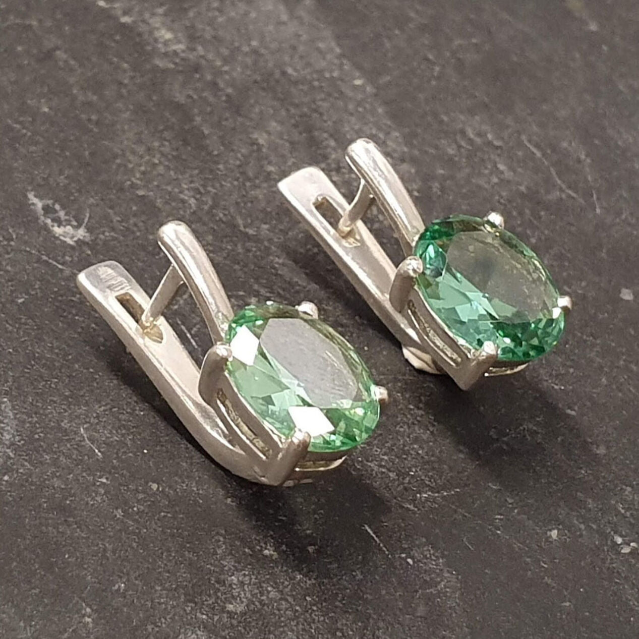 Created Emerald Earrings made in 925 Sterling Silver with Created Mint Emerald in Prong setting, May Birthstone gift idea, symbolizes, ideal for everyday wear and perfect for birthday gifting and special occasions.