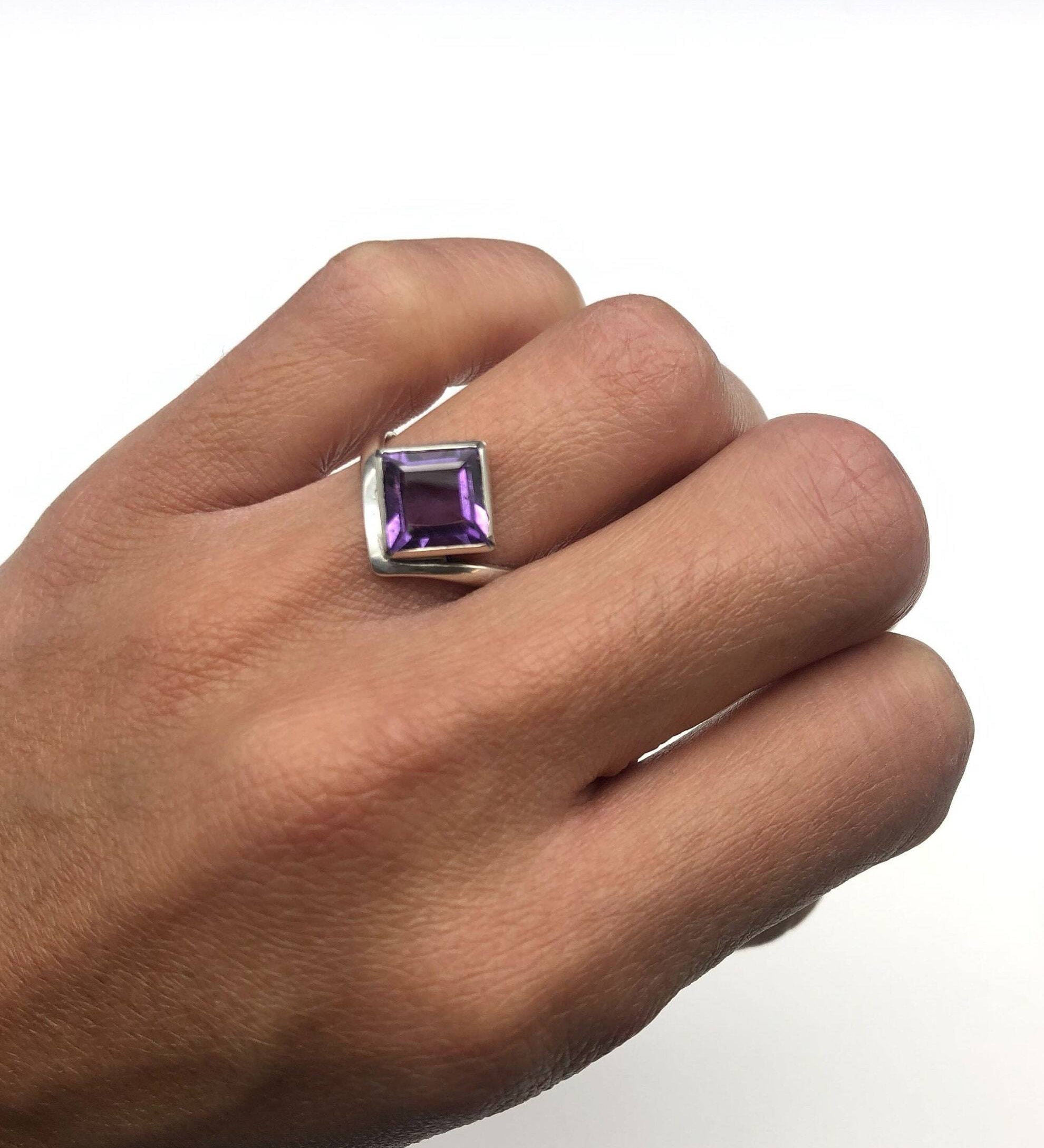 Square Amethyst Ring, Natural Amethyst, Princess Cut Amethyst Ring, Symmetrical Ring, February Birthstone, Purple Diamond Ring, Solid Silver