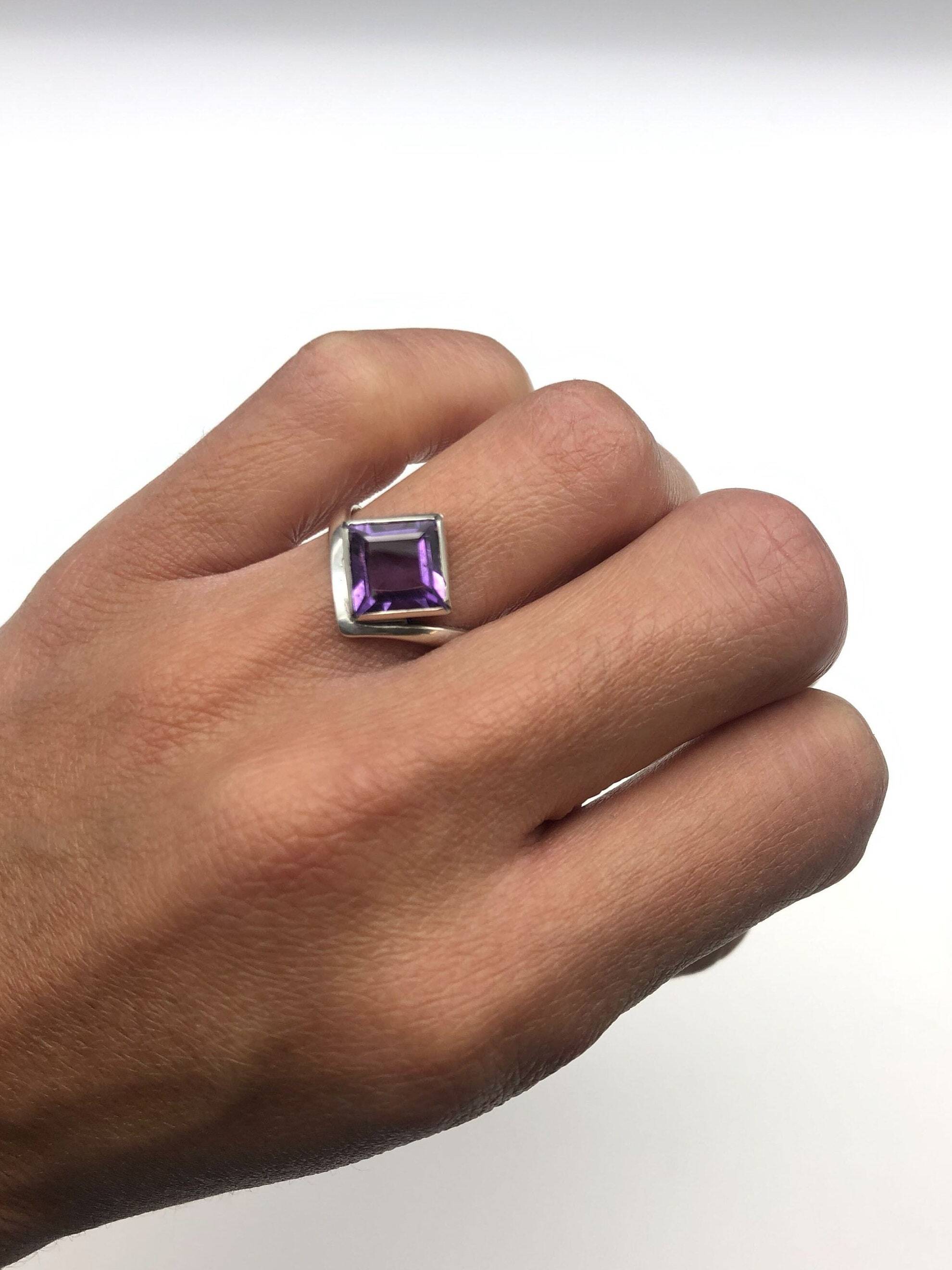 Square Amethyst Ring, Natural Amethyst, Princess Cut Amethyst Ring, Symmetrical Ring, February Birthstone, Purple Diamond Ring, Solid Silver