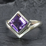 Square Amethyst Ring, Natural Amethyst, Princess Cut Amethyst Ring, Symmetrical Ring, February Birthstone, Purple Diamond Ring, Solid Silver