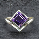 Square Amethyst Ring, Natural Amethyst, Princess Cut Amethyst Ring, Symmetrical Ring, February Birthstone, Purple Diamond Ring, Solid Silver