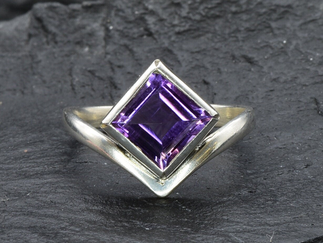 Square Amethyst Ring, Natural Amethyst, Princess Cut Amethyst Ring, Symmetrical Ring, February Birthstone, Purple Diamond Ring, Solid Silver