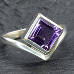 Square Amethyst Ring, Natural Amethyst, Princess Cut Amethyst Ring, Symmetrical Ring, February Birthstone, Purple Diamond Ring, Solid Silver