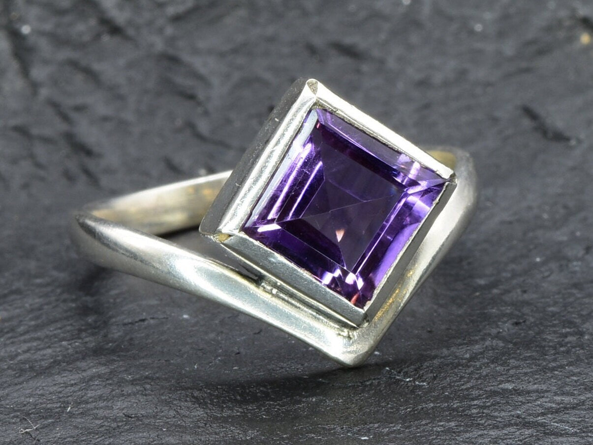 Purple Amethyst Ring - Natural Amethyst Ring, Princess Cut Silver Ring