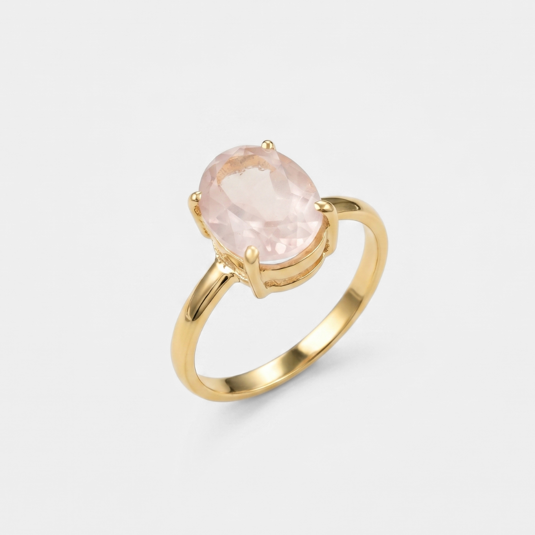 Rose Quartz Gold Ring - Solitaire Gold Ring, Natural Rose Quartz Ring made in 18k Gold Vermeil. Ideal for everyday wear and perfect for birthday gifting and special occasions.