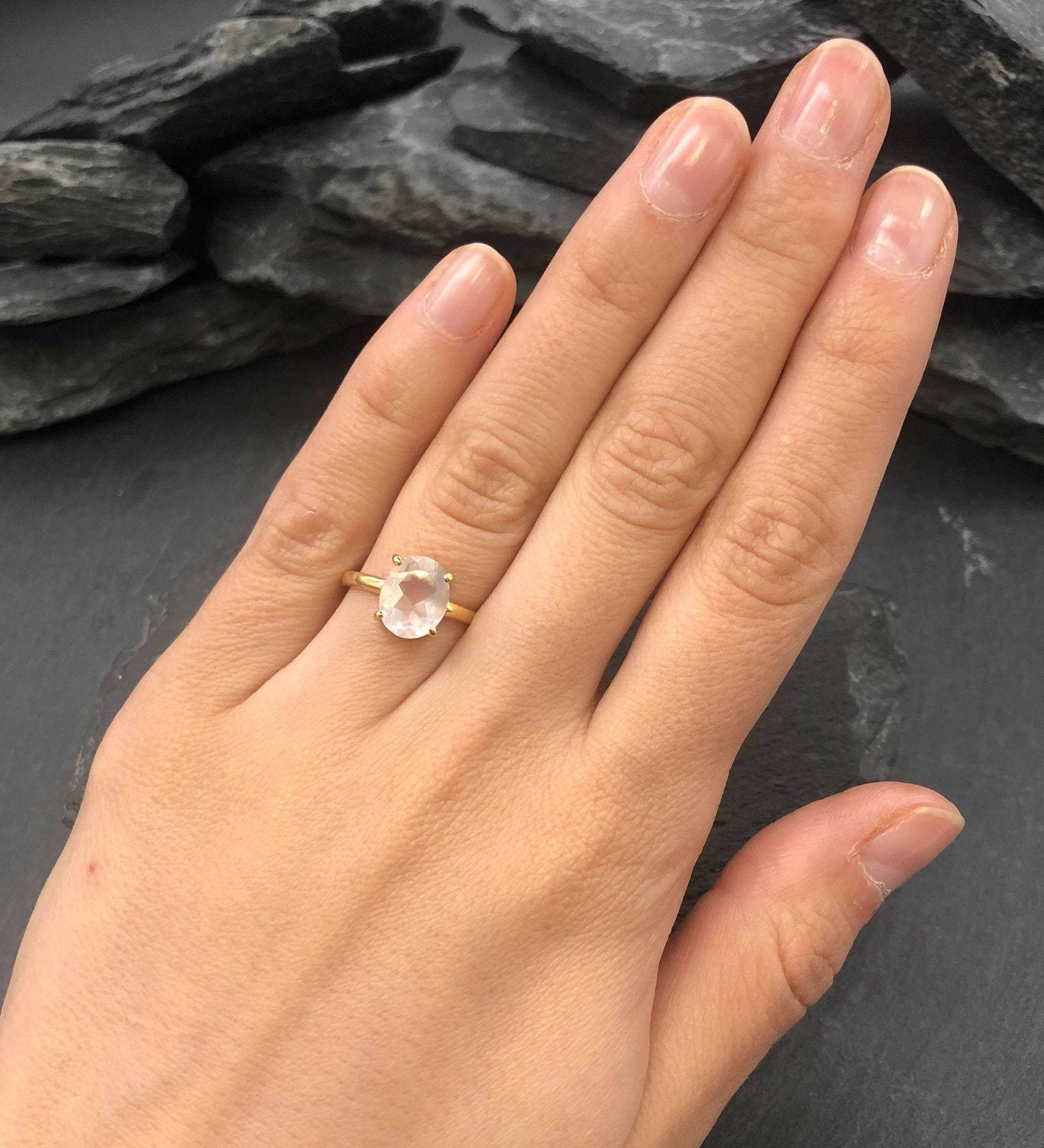 Pink Rose Quartz Ring, Valentines Gift for Girlfriend, Gift for Her, Love Ring, Gift for Wife, Pink Diamond Ring, Oval Ring, 925 Silver(1)