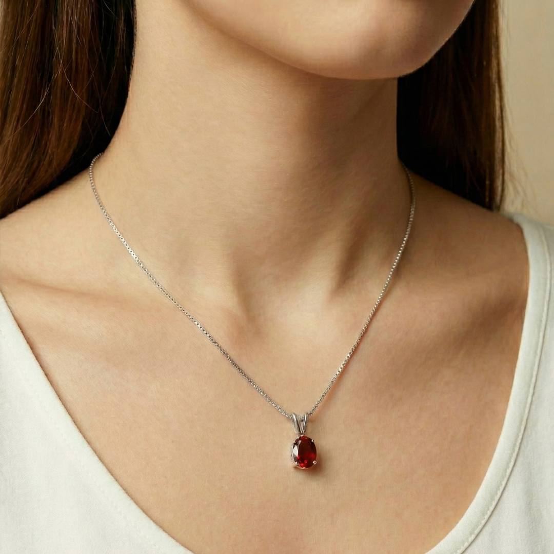 Elegant Ruby Pendant in 925 Sterling Silver with Oval Created Red Ruby, perfect for July birthdays and meaningful gifts.