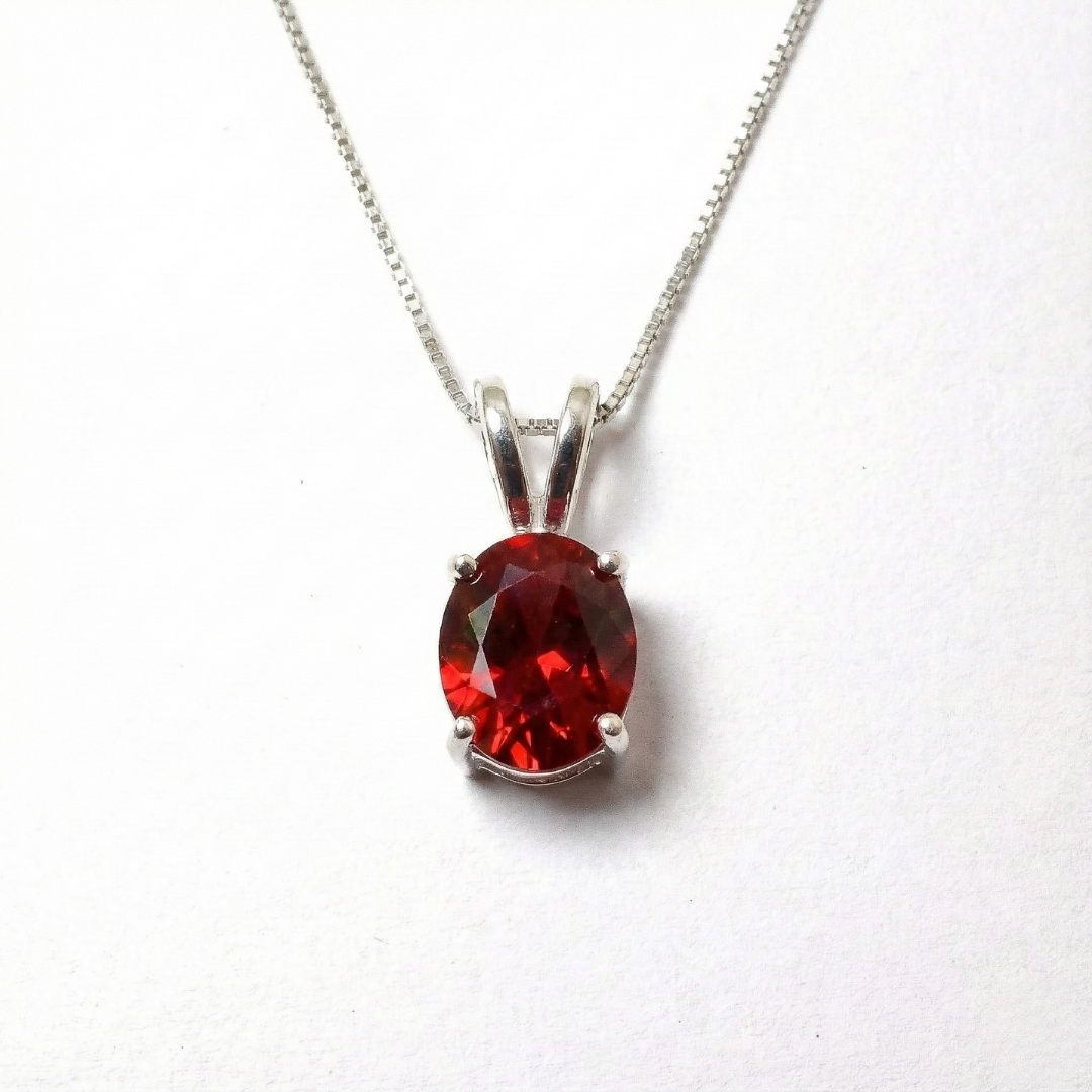 Created Ruby Pendant made in 925 Sterling Silver with Oval Created Red Ruby in Prong setting, July Birthstone gift idea, symbolizes nobility, purity, and passion, ideal for everyday wear and perfect for birthday gifting and special occasions.