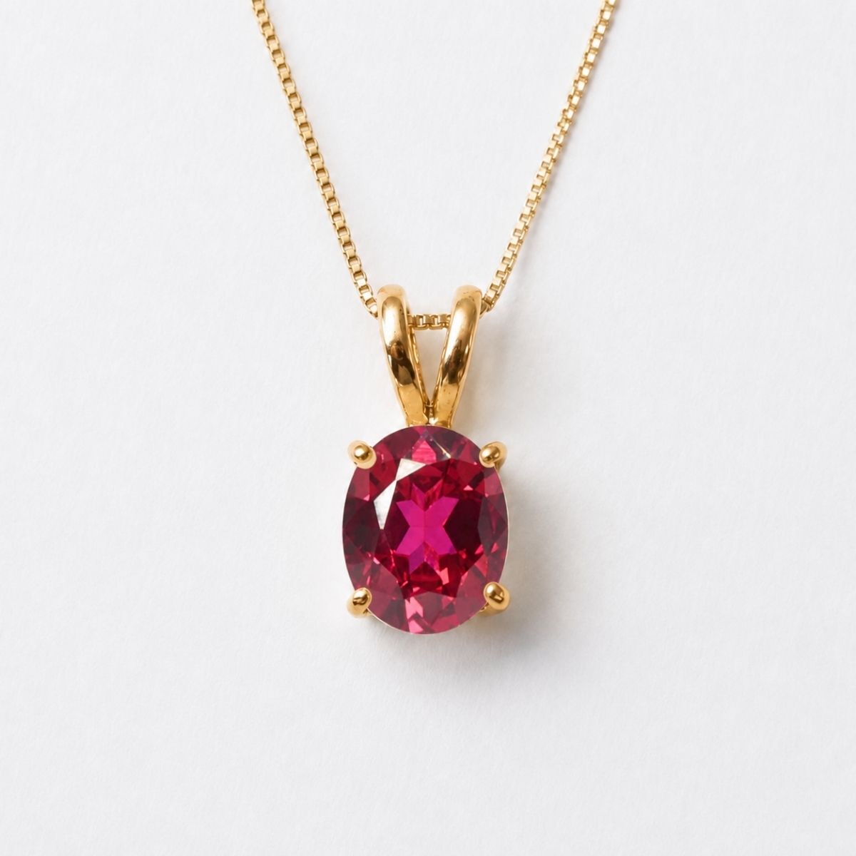Created Ruby Pendant made in 18k Gold Vermeil with Oval Created Red Ruby in Prong setting, July Birthstone gift idea, symbolizes nobility, purity, and passion, ideal for everyday wear and perfect for birthday gifting and special occasions.