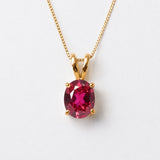 Created Ruby Pendant made in 18k Gold Vermeil with Oval Created Red Ruby in Prong setting, July Birthstone gift idea, symbolizes nobility, purity, and passion, ideal for everyday wear and perfect for birthday gifting and special occasions.