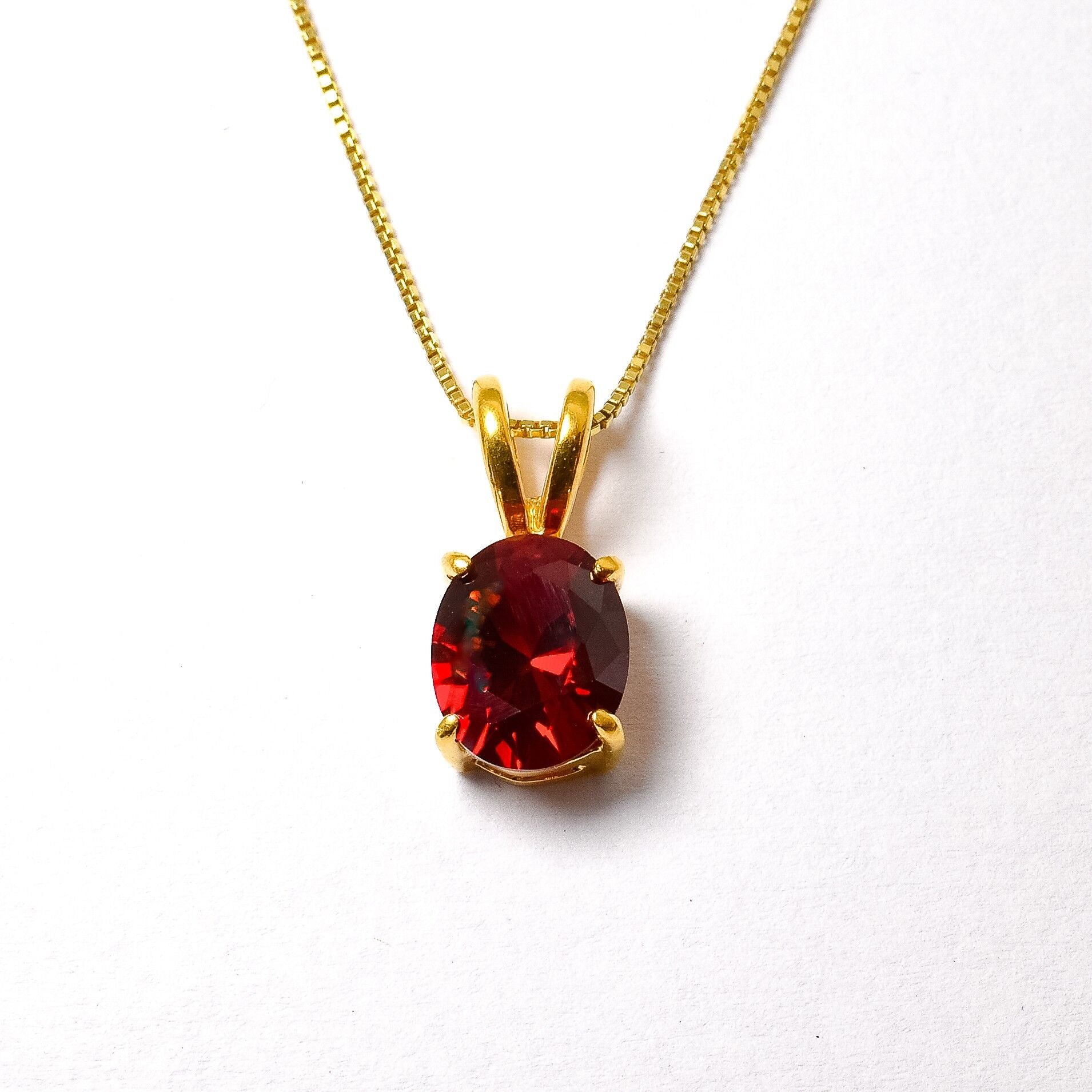 Created Ruby Pendant made in 18k Gold Vermeil with Oval Created Red Ruby in Prong setting, July Birthstone gift idea, symbolizes nobility, purity, and passion, ideal for everyday wear and perfect for birthday gifting and special occasions.