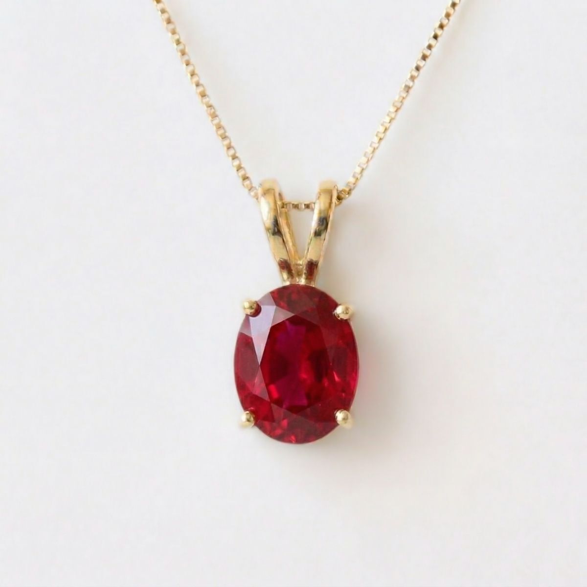 Created Ruby Pendant made in 18k Gold Vermeil with Oval Created Red Ruby in Prong setting, July Birthstone gift idea, symbolizes nobility, purity, and passion, ideal for everyday wear and perfect for birthday gifting and special occasions.
