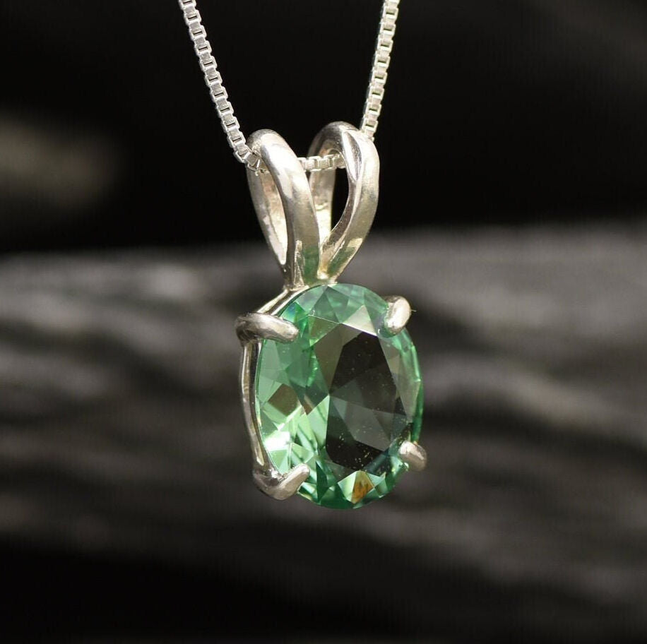 Created Emerald Pendant made in 925 Sterling Silver with Oval Created Green Emerald in Prong setting, May Birthstone gift idea, symbolizes, ideal for everyday wear and perfect for birthday gifting and special occasions.