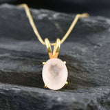 Gold Rose Quartz Necklace - Natural Rose Quartz Necklace - Pink Solitaire Pendant