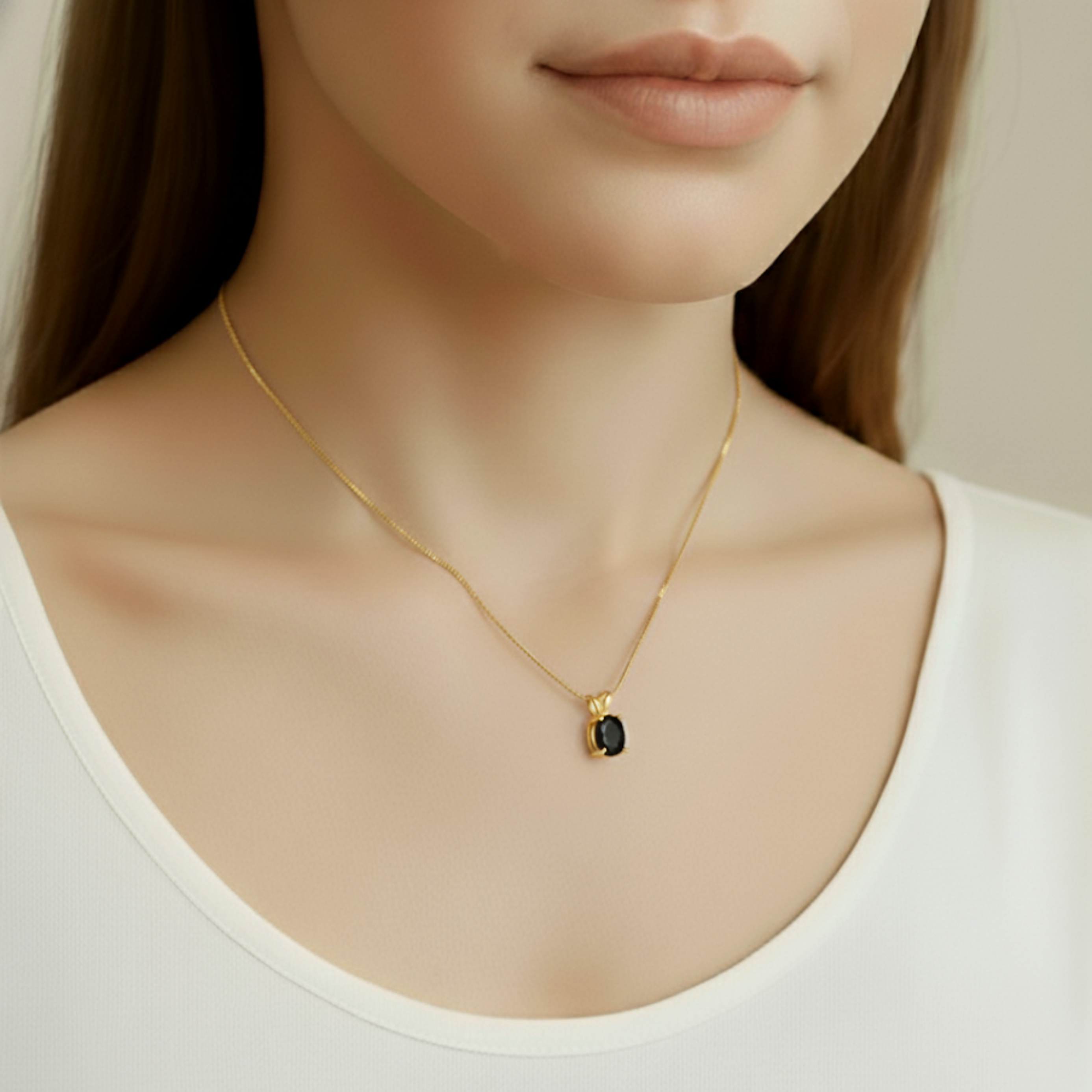 Gold Onyx Pendant close-up - Elegant black oval pendant in 18k Gold Vermeil for daily wear and special gift occasions.