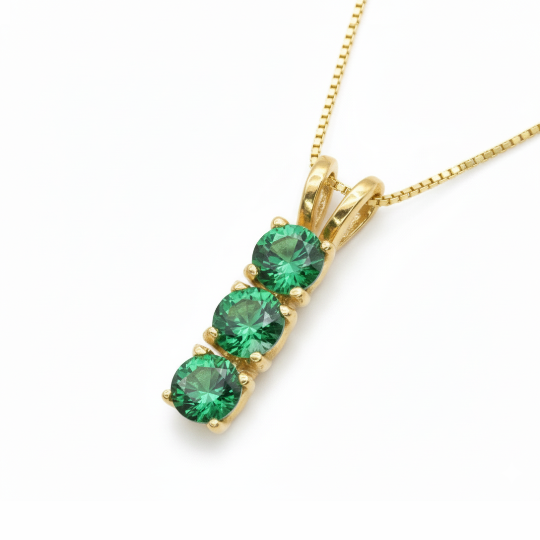 Exquisite 18k Gold Vermeil Pendant showcasing a Round Created Green Emerald, ideal for May birthdays and daily elegance.