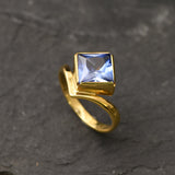 Gold Tanzanite Ring - Blue Square Ring - Sky Blue Ring