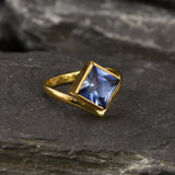 Gold Tanzanite Ring - Blue Square Ring - Sky Blue Ring