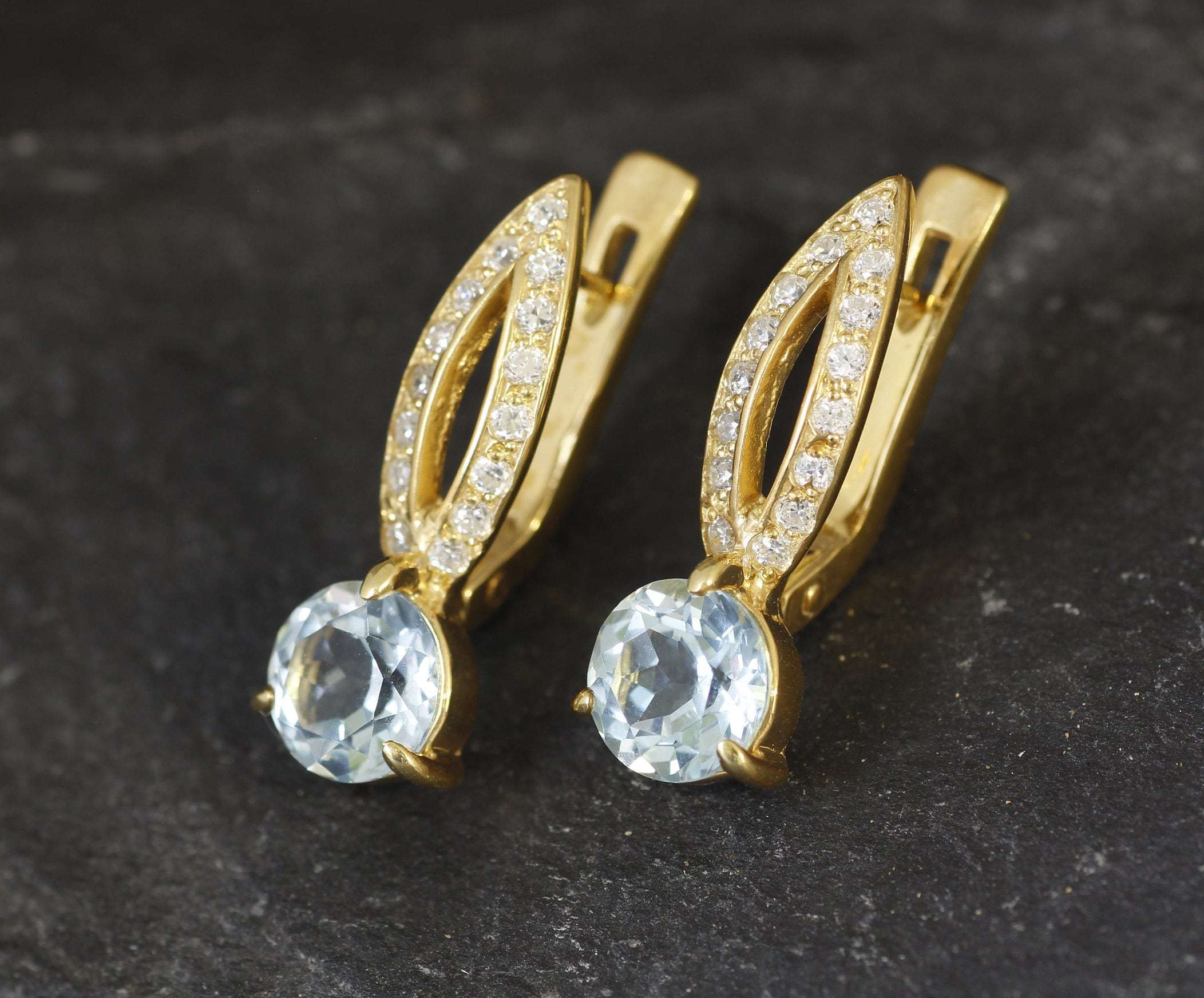 Gold Blue Topaz Earrings, Natural Blue Topaz, December Birthstone, Unique Earrings, Gold Earrings, Vintage Earrings, 18K Gold, Solid Silver