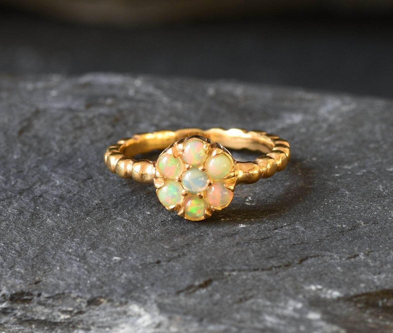 Gold Flower Ring, Fire Opal Ring, Daisy Ring, Natural Opal, October Birthstone, Gold Plated Ring, Dainty Flower Ring, Vintage Ring, Vermeil