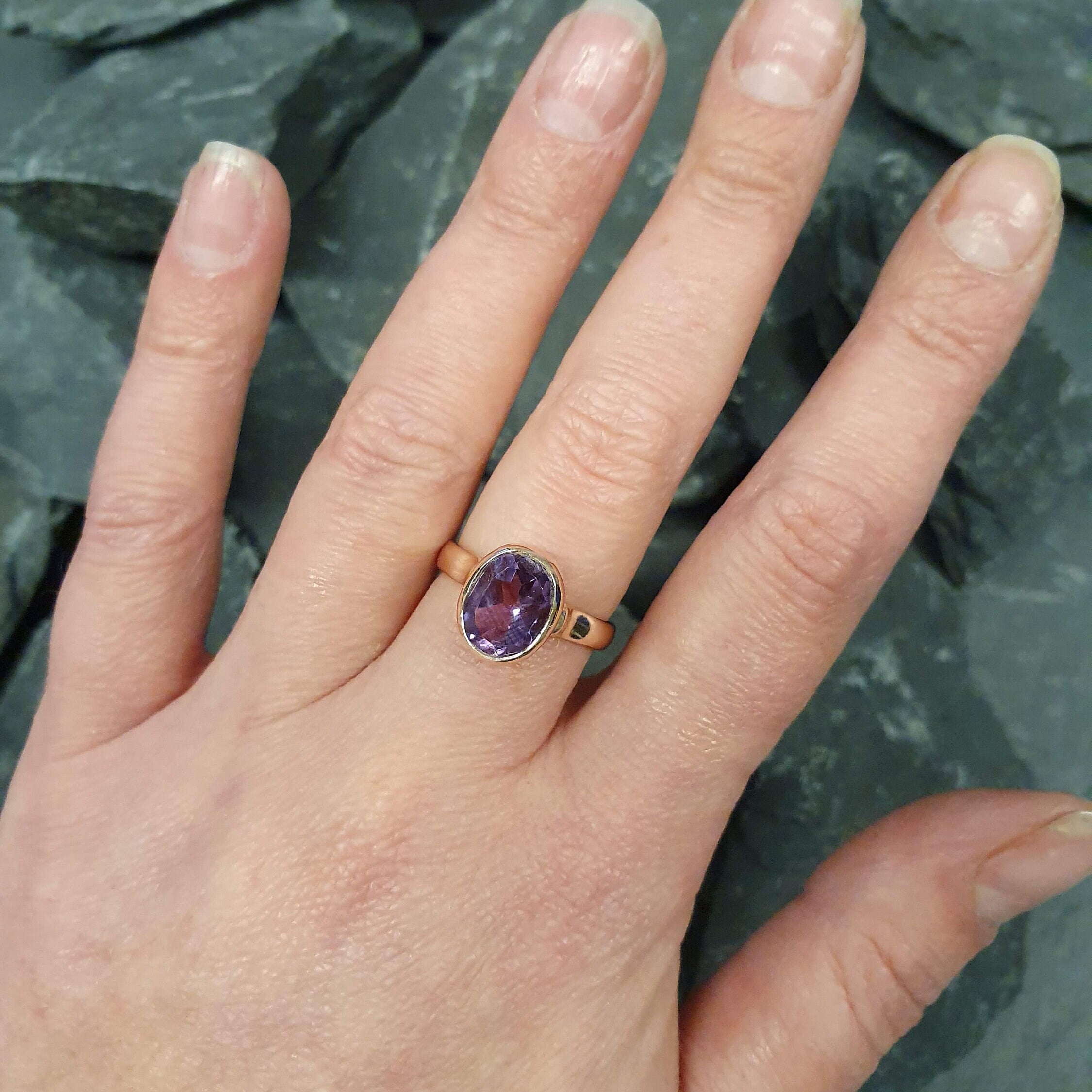 Amethyst Ring, Rose Gold Ring, February Birthstone, Solitaire Ring, Natural Amethyst, Gold Plated Ring, Purple Ring, Antique Style Ring